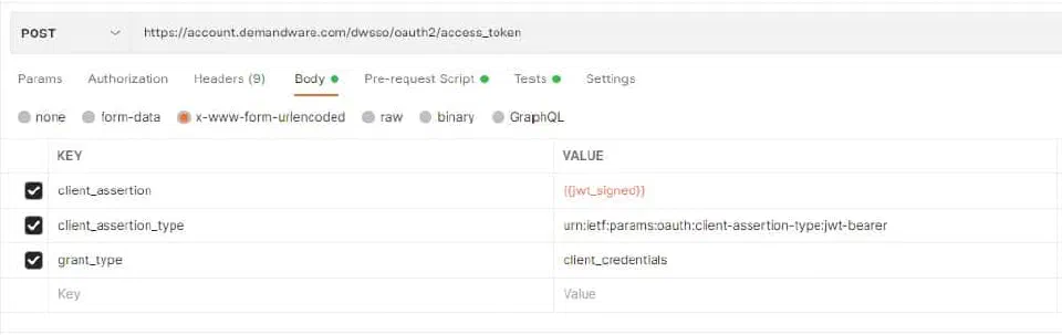 Postman request configured for OCAPI JWT authentication.