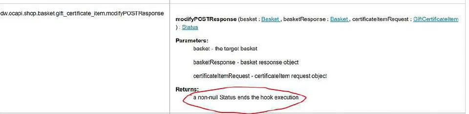Documentation excerpt showing hook return behavior for a specific endpoint.
