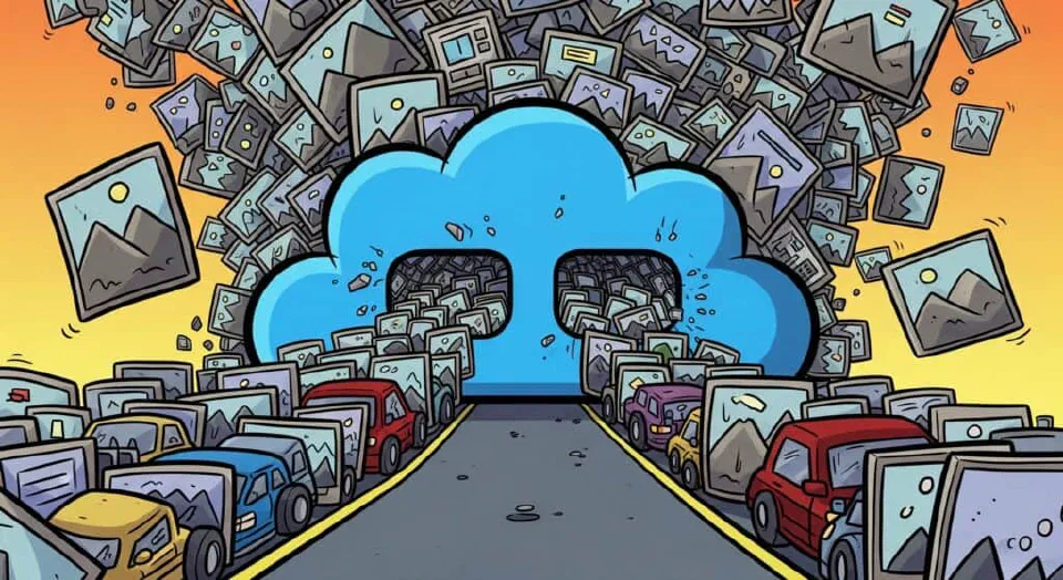 A cartoon illustration depicting a massive traffic jam of oversized, unoptimized images attempting to enter a cloud icon, which appears overwhelmed and unable to process the volume. The images are backed up on a road leading to the cloud, symbolizing a system bottleneck or overload.