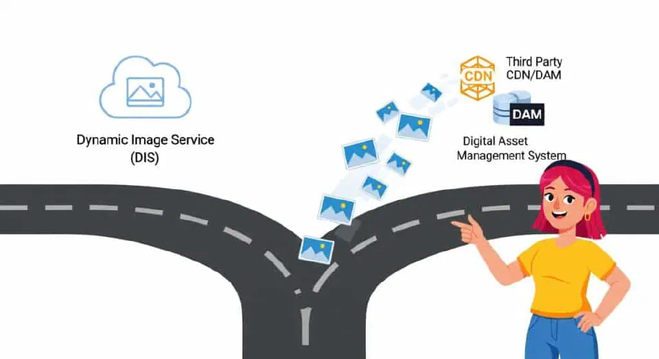 Fork-in-the-road illustration comparing DIS with third-party CDN and DAM options.