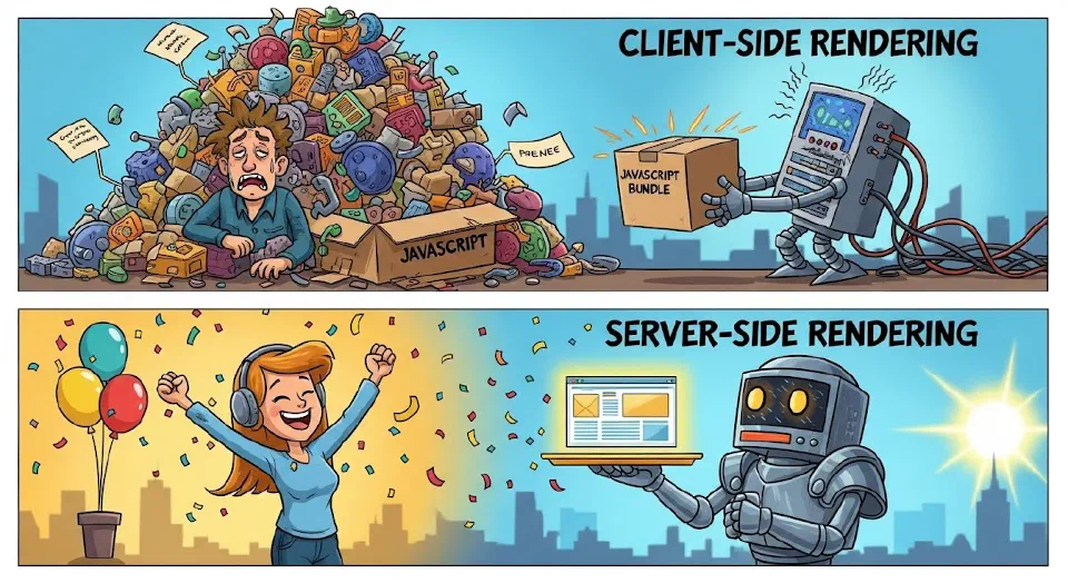Two-panel cartoon: stressed user assembling JavaScript on left, happy user receiving complete webpage from heroic robot on right