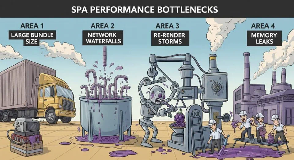 Cartoon factory scene showing four performance bottlenecks: large truck blocking entrance, pipes slowly filling tank, complex machine for simple task, workers slipping on puddles