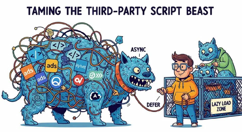 A cartoon developer is taming a large 'beast' made of code and tangled wires. The developer is putting a collar labeled 'async' and holding a leash labeled 'defer' on the beast, while corralling other parts of it towards a pen labeled 'Lazy Load Zone'.