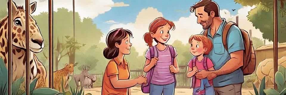 Comic-style family portrait at the zoo underscoring the family-priority theme.