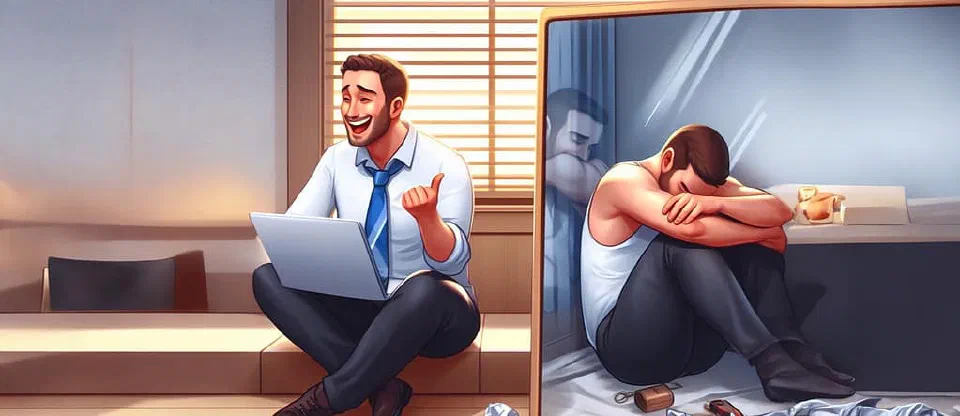 Split-scene illustration contrasting visible career success with unseen sacrifices at home.