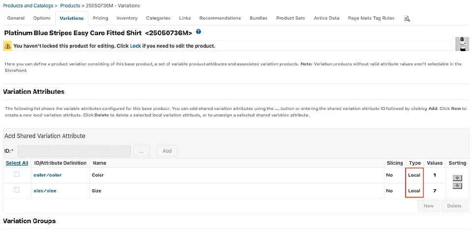 A screenshot of a product in the business manager showing the Variations tab with local variation attributes.