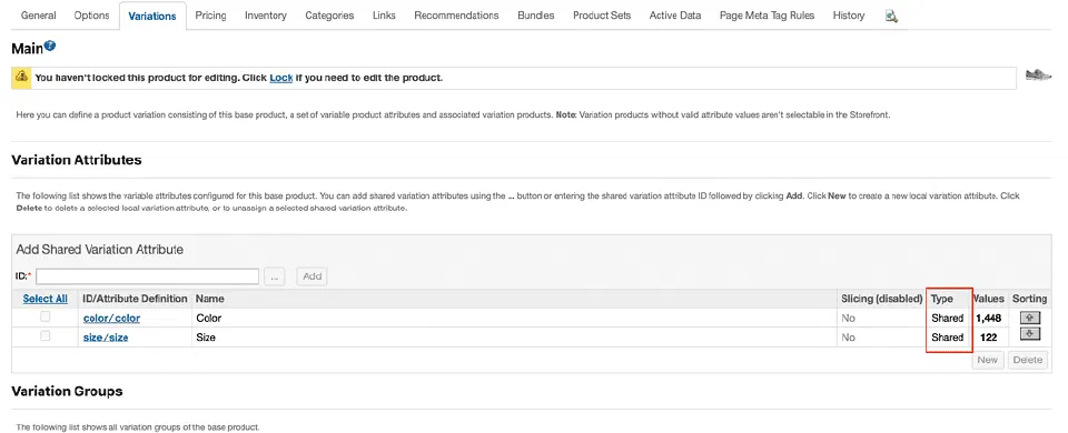 A screenshot of a product in the business manager showing the Variations tab with shared variation attributes.