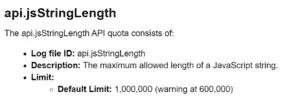 Quota documentation showing the JavaScript string-length limit in Salesforce Commerce Cloud.