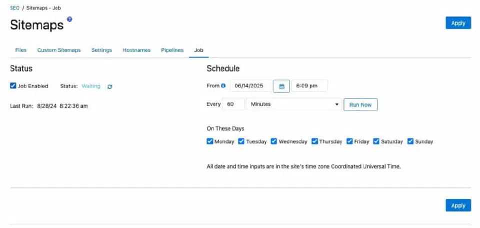 Job tab for scheduling sitemap generation in Business Manager