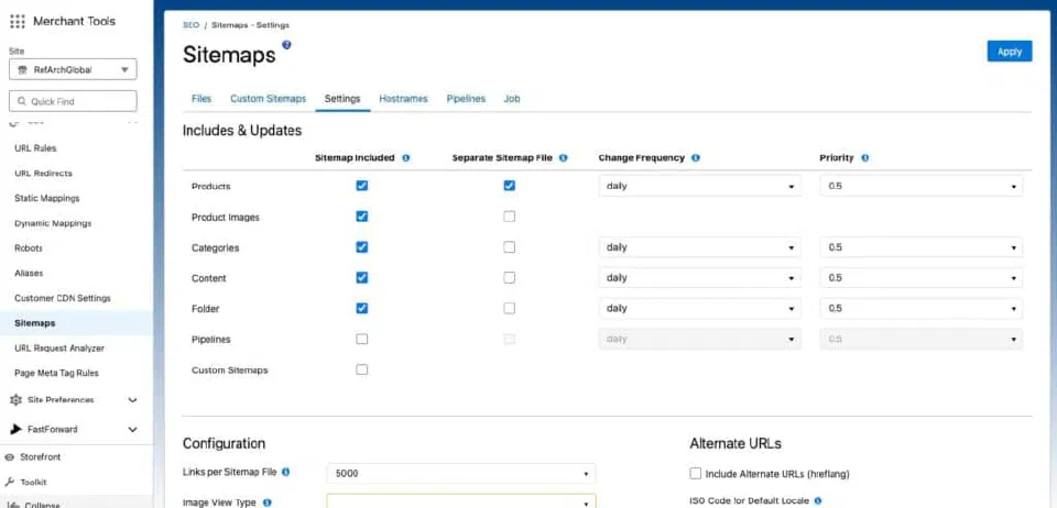 Sitemap settings panel in Salesforce B2C Commerce Business Manager