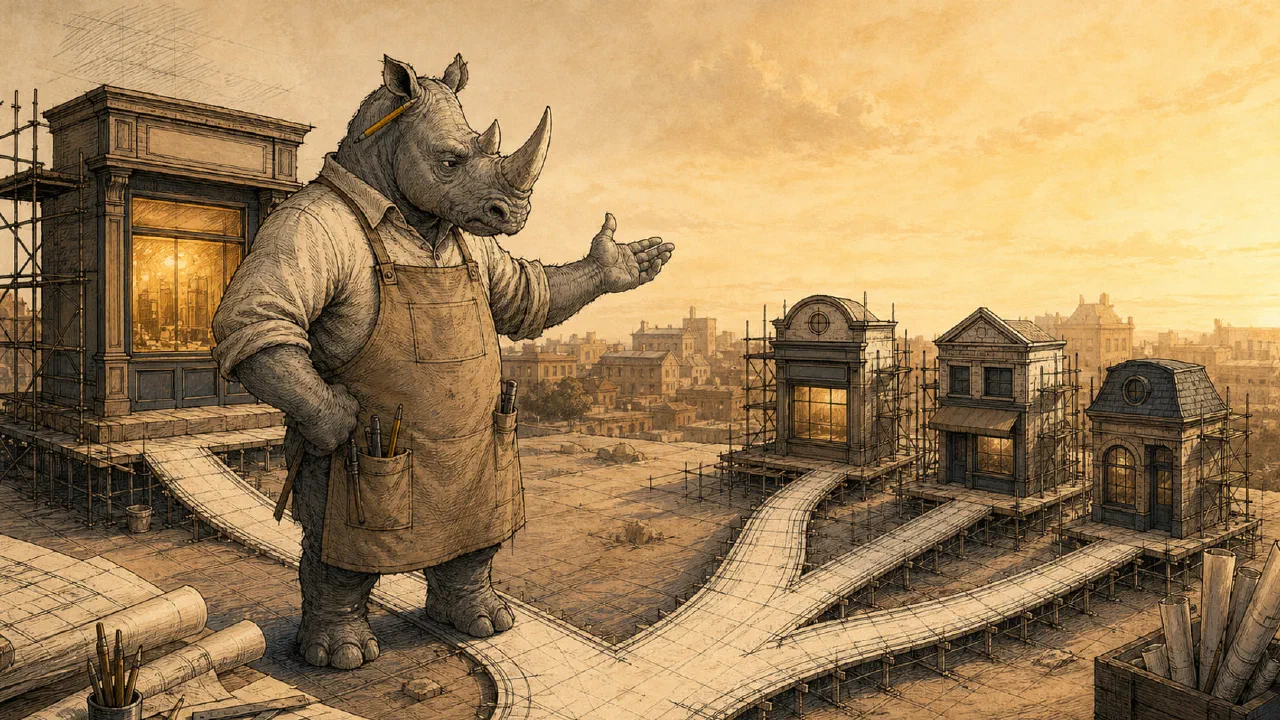 A cartoon rhino architect at a fork: one path leads to a single storefront, the other splits into several branded ones.