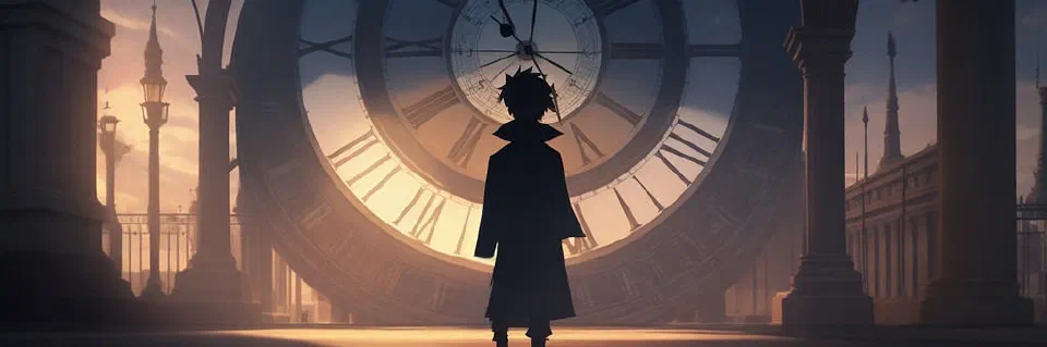 A shadow in front of a gigantic clock, wondering about the intricacies of dates and times.