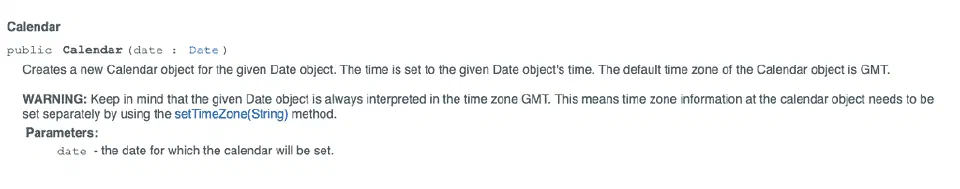 Documentation warning about Calendar constructor dates being interpreted in GMT.