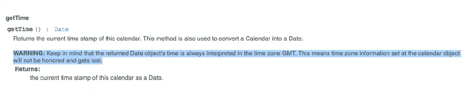 Documentation warning that Calendar.toDate loses the configured time zone and returns GMT.