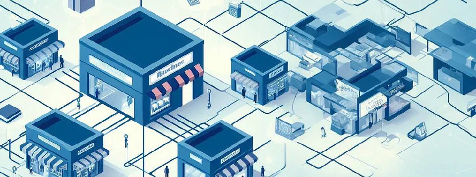 A drawing of retail stores connected by lines; in this case, the lines are Ethernet cables referencing the REST APIs to fetch the store data in Headless applications.