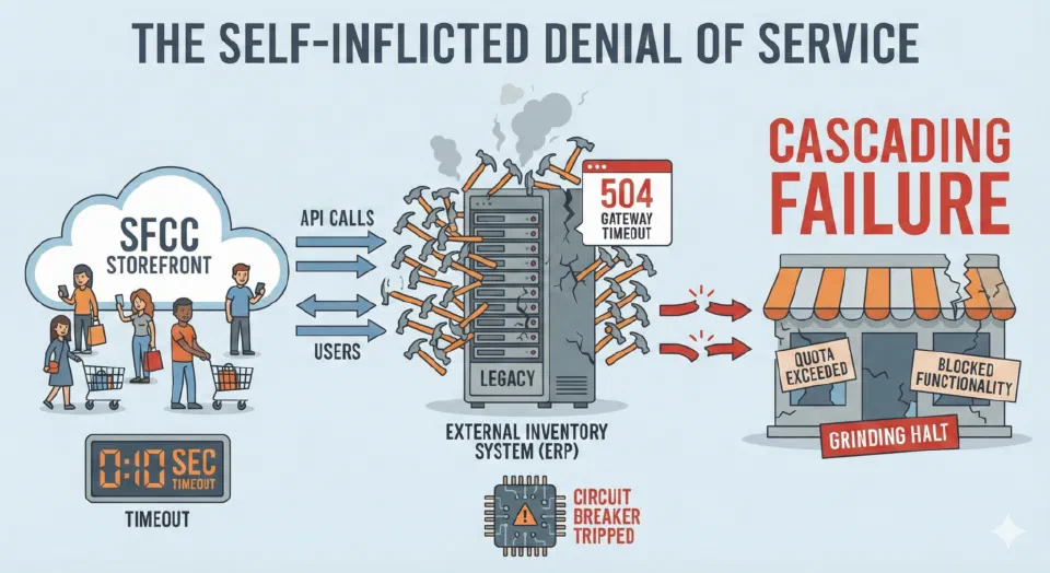 Cartoon infographic showing SFCC storefront generating API calls that hammer a legacy ERP system, causing cascading failure with 504 Gateway Timeout