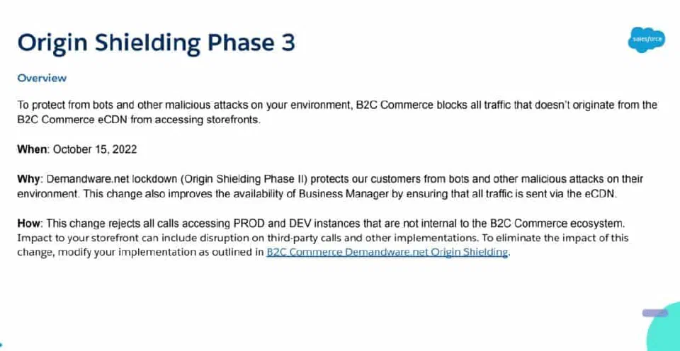 Origin shielding rollout note for Demandware.net lockdown.
