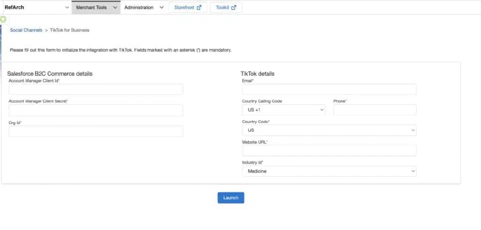 Business Manager view for the TikTok integration cartridge.