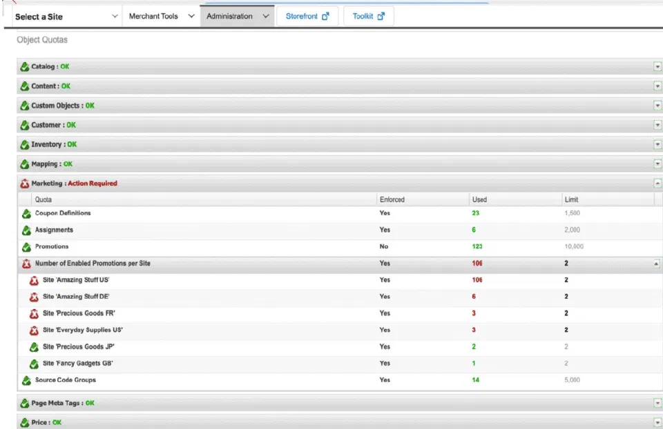Quota settings showing site-specific limit handling.