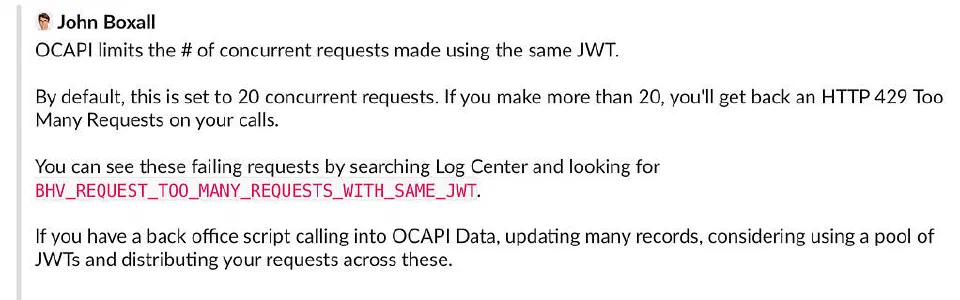 Slack note documenting the per-session OCAPI parallel-request limit.