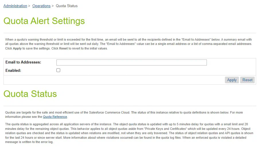 Quota alert subscription settings in Business Manager.