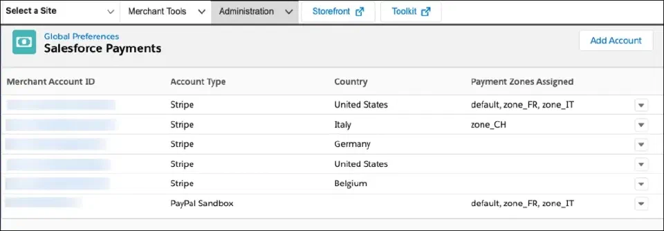 Salesforce Payments interface inside Business Manager.