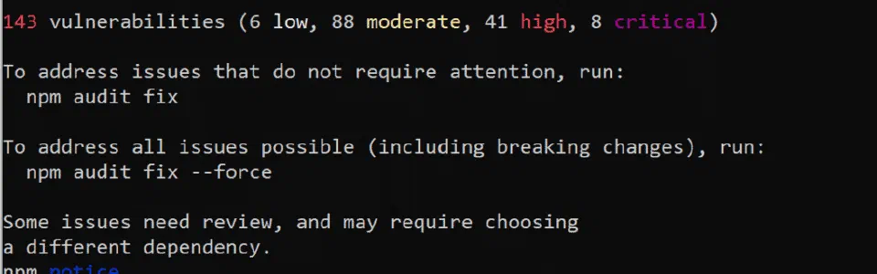 npm audit output showing dependency vulnerability results.