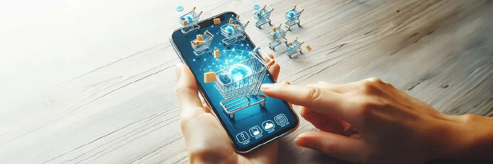 A person's hand touches a mobile phone, depicting multiple carts on top of it, representing the new Headless options for 'temporary baskets.'