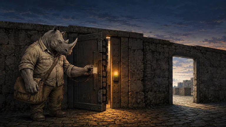 A rhino holds an ID badge to a locked vault gate reader while a smaller gate beside it stands wide open and unguarded