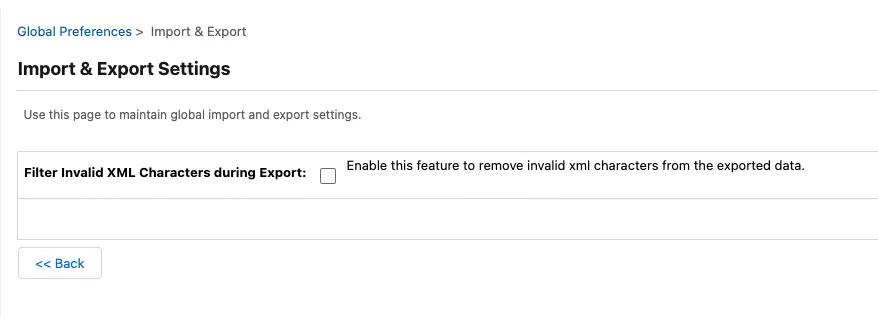 Business Manager Import & Export Settings page with an unchecked Filter Invalid XML Characters during Export checkbox.
