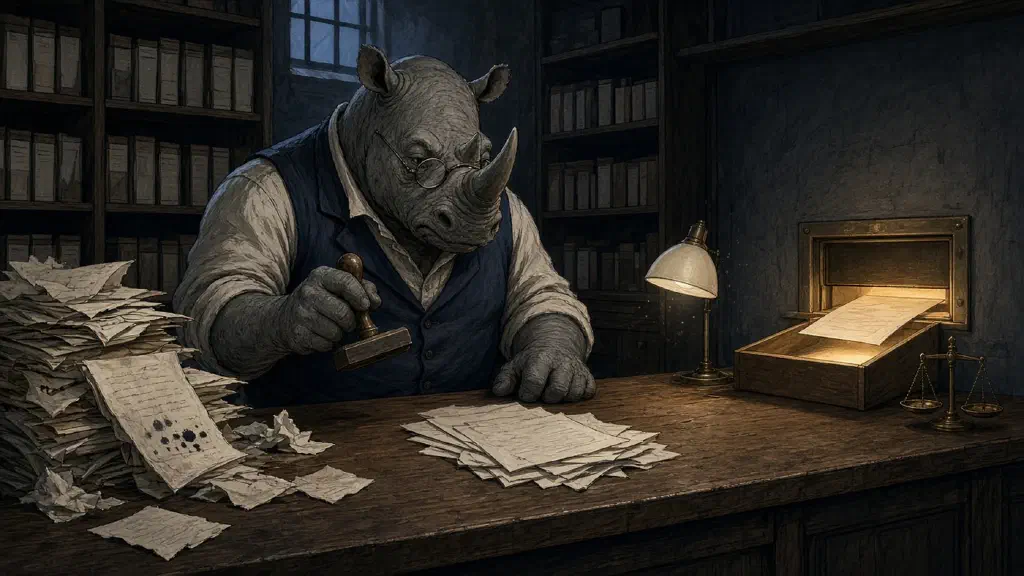 A bespectacled rhino clerk at an intake hatch pushes back crumpled papers while one clean sheet glows as it slides through
