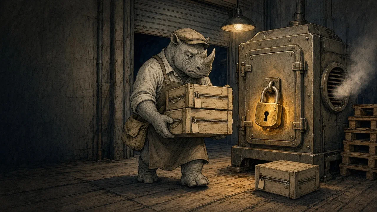 A cartoon rhino courier holds two stacked crates in front of a machine whose hatch is shut by a golden padlock