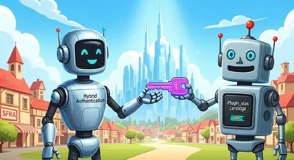 Classic robot labeled plugin_slas cartridge handing a key to modern robot labeled Hybrid Authentication on a path from SFRA town to futuristic city