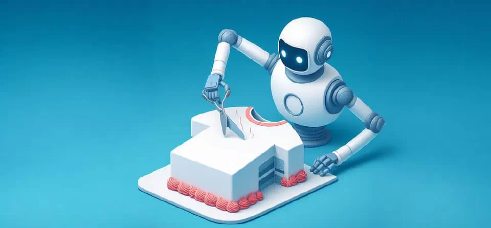 Cartoon robot slicing a cake decorated as a t-shirt on a cutting board