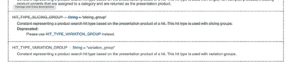 ProductSearchHit API documentation showing deprecation warning for slicing in favor of variation groups