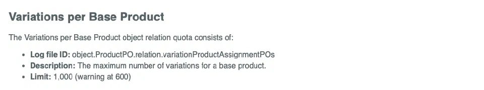 Salesforce documentation showing quota limits for maximum number of variations per base product