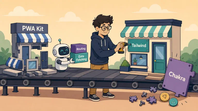 Cartoon developer swaps a Chakra UI panel for a Tailwind one on a storefront conveyor belt, while a robot hands over routing and data-fetching pieces.