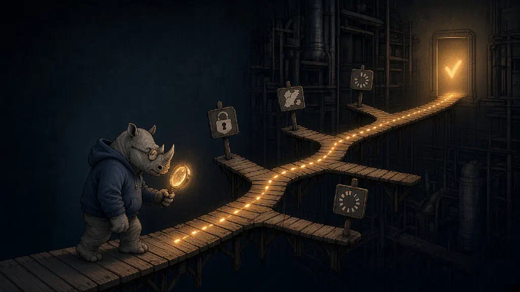 Cartoon rhino developer with a magnifying glass following a glowing trail past warning signs to a lit doorway.