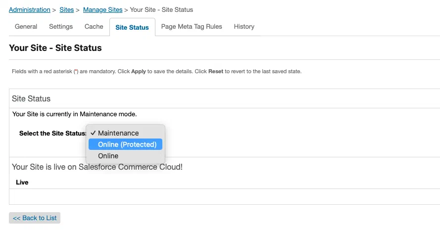 Site Status screen in Business Manager with Online Protected selected.