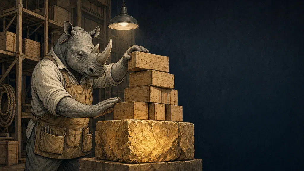 A cartoon rhino in a work apron stacks wooden blocks on a glowing stone foundation block, keeping its hand off the stone.