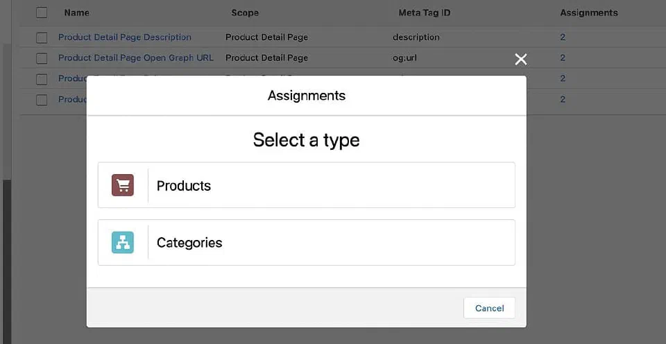 Assignments screen showing where a meta tag rule is attached in the catalog.