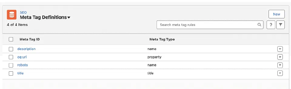 Meta tag definitions screen listing title, description, robots, and og:url entries.