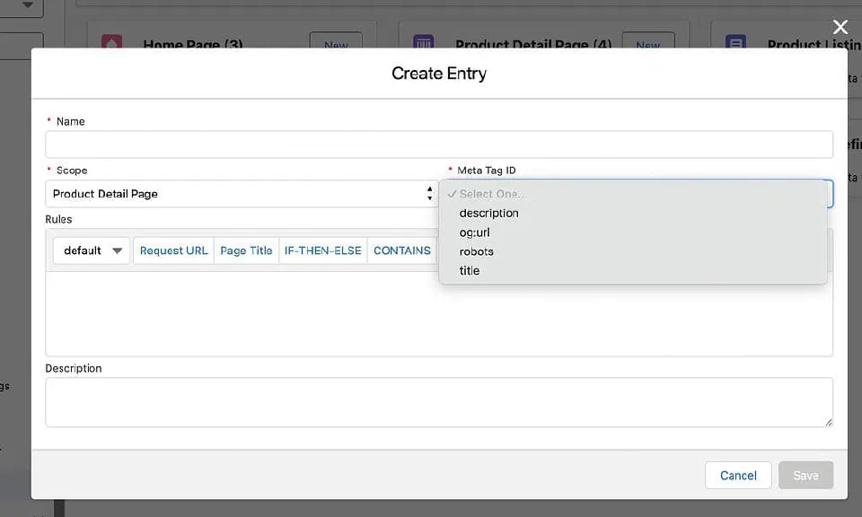 Create Entry modal for adding a Product Detail meta tag rule.