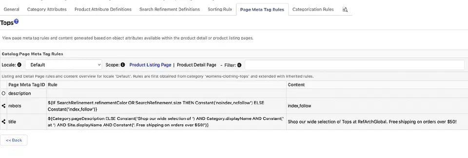 Category preview tab showing generated Page Meta Tag Rules output.