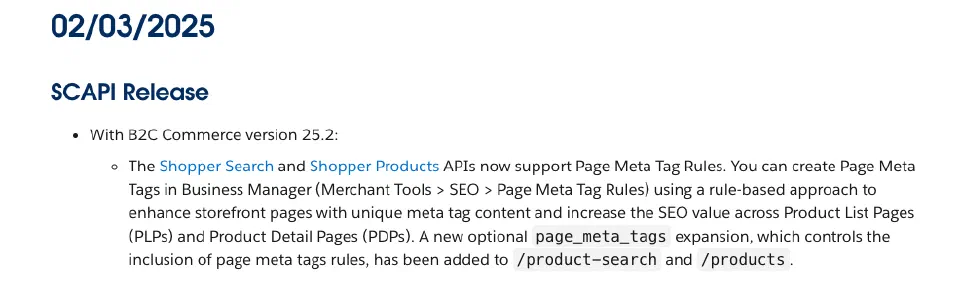 SCAPI release update highlighting headless support for meta tag data.