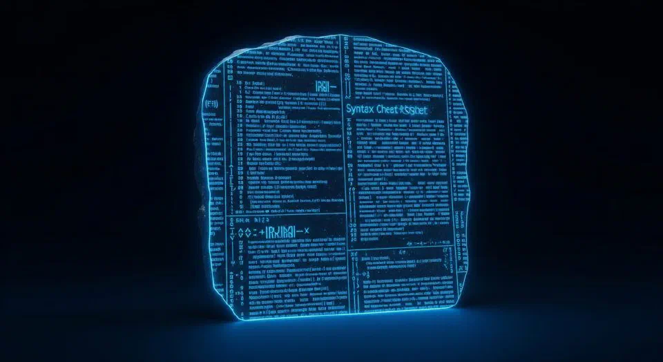 A futuristic, glowing blue holographic Rosetta Stone displaying various code symbols and syntax, representing a cheat sheet for a complex language.