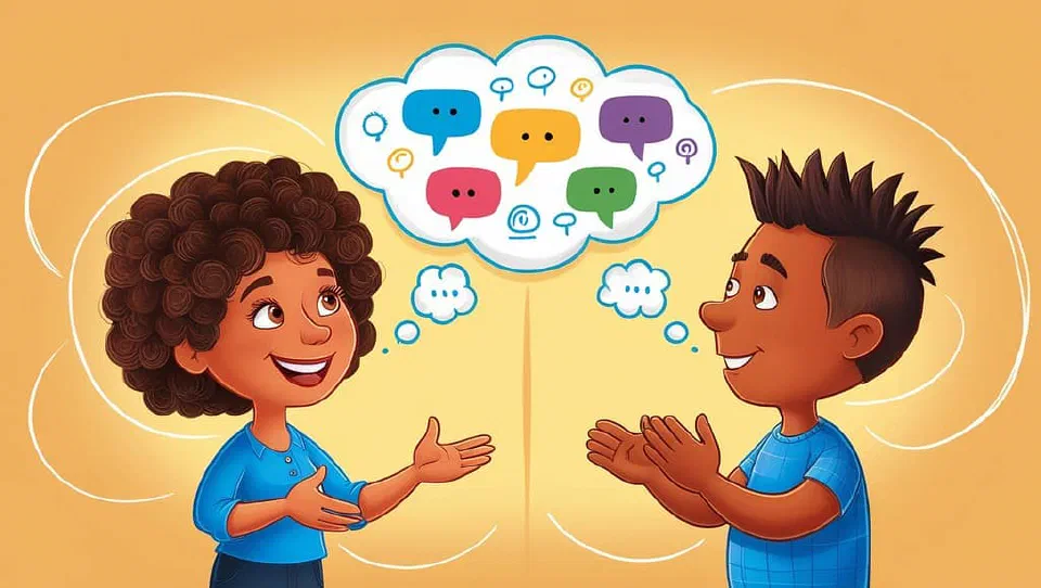 A cartoon depicting two people conversing with a chat bubble containing various colored emoticons.