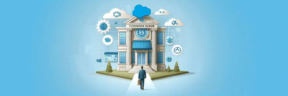 A person walking towards an office building with a Salesforce like logo and 'Commerce Cloud' written above the entrance.