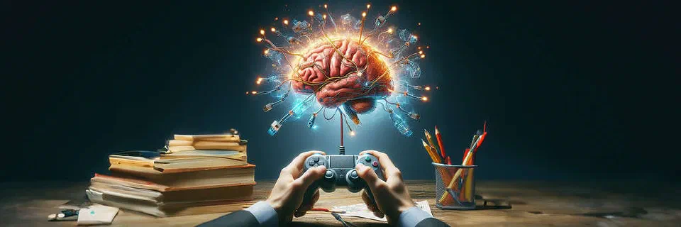Illustration of a game controller and brain symbolizing transferable developer knowledge.