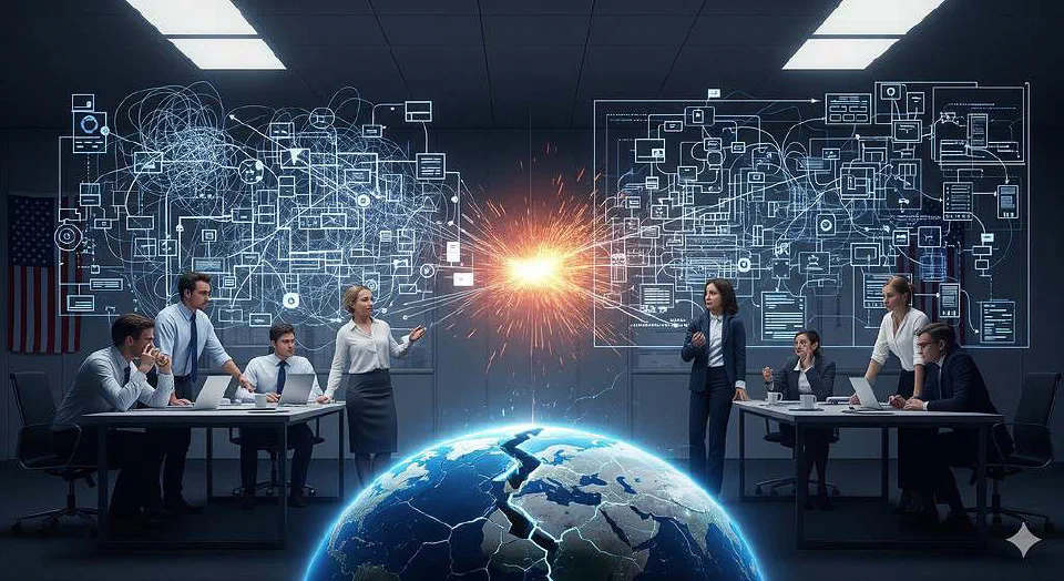 Two global business teams clashing over divergent deployment workflows, representing the organisational friction that forces a realm split decision.